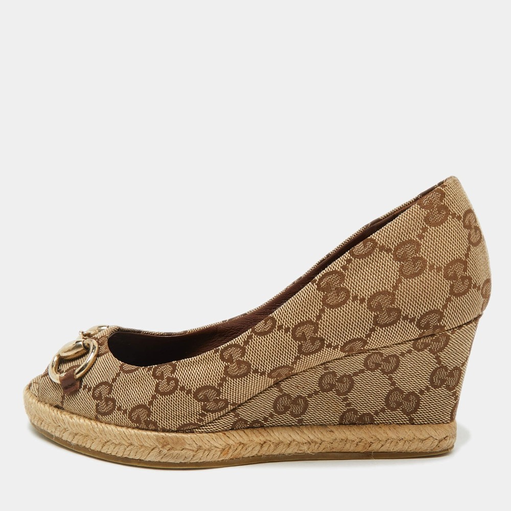 Gucci BeigeBrown GG Canvas Horsebit Peep Toe Wedge Espadrille Pumps Size 34