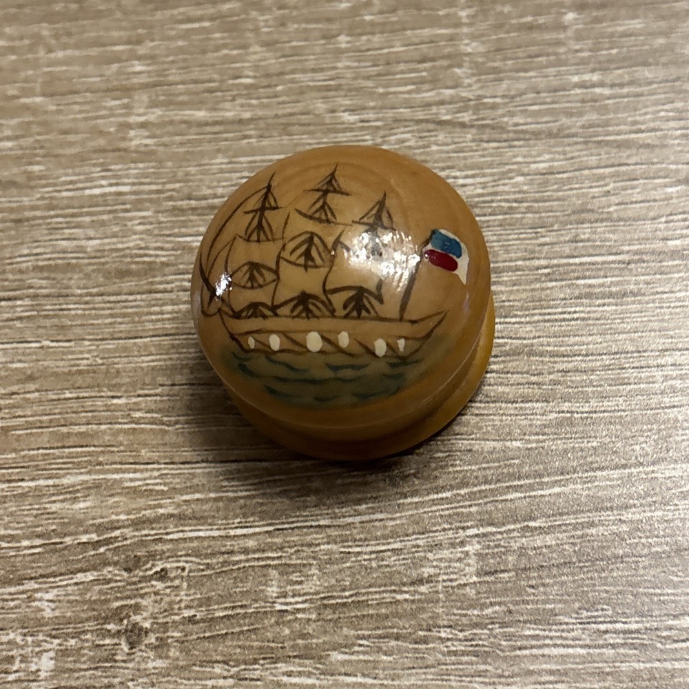 Vintage Wooden Round Painted Sailing Ship Small Pill Box Hinged Trinket Box