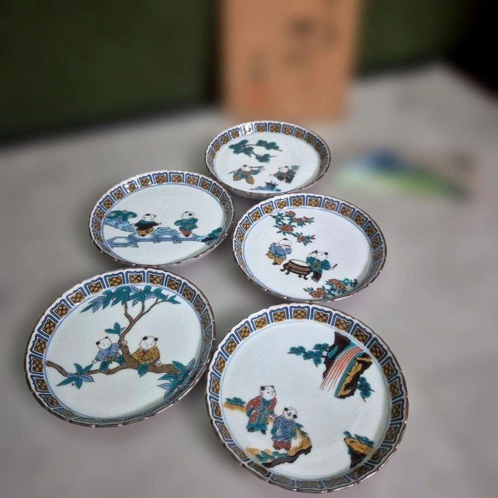 Kutani Ware Seikou Kiln Karako Serving Plate 5pcs Unused Blue Kutani 13.5cm