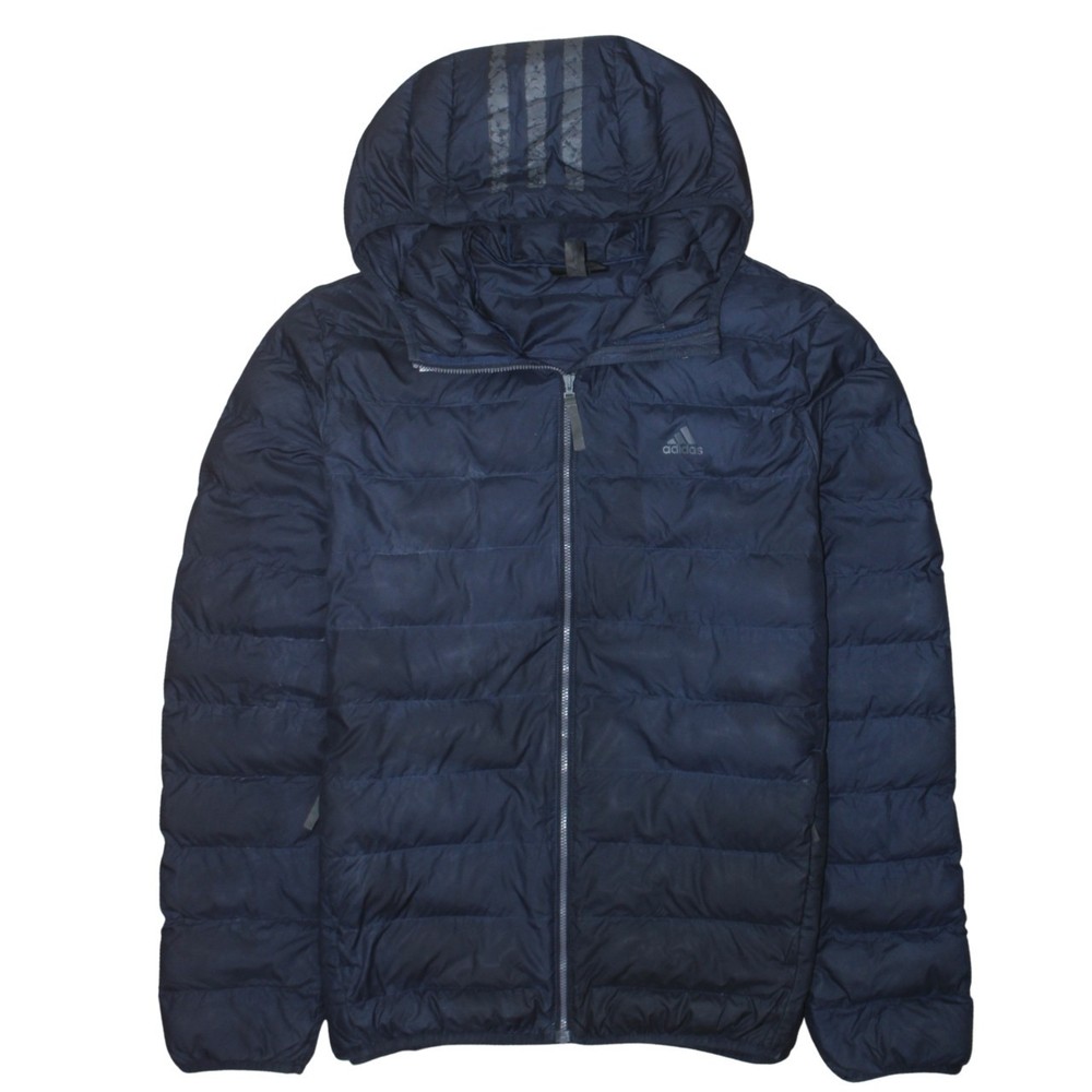 Adidas Mens Puffer Jacket Navy Blue Hooded Insulated Quilted Full Zip Logo M