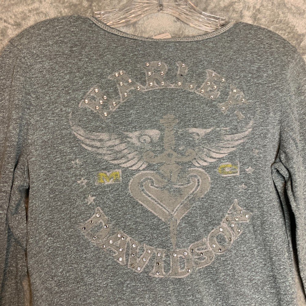 Harley Davidson Women Studded Spellout Biker Long Sleeve Henley Thermal Shirt M