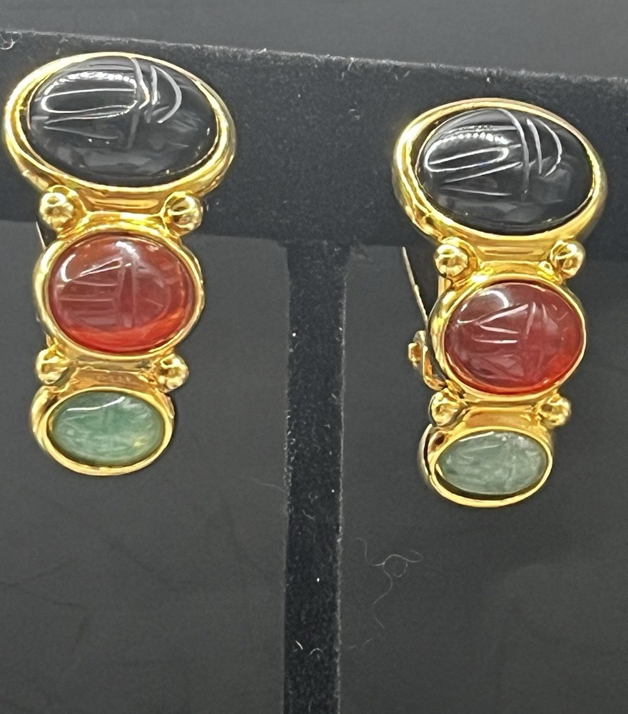 Egyptian Style Carved Scarab Weingeroff Glass/stone Half Hoop Drop Earrings