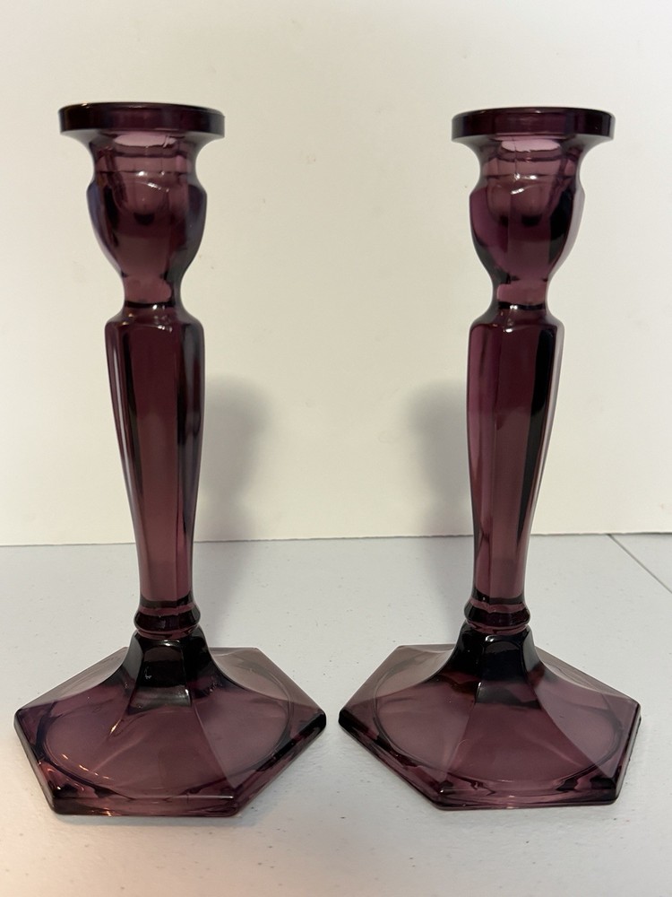 Fenton Glass Candle Stick Holders, Purple, Set of Two