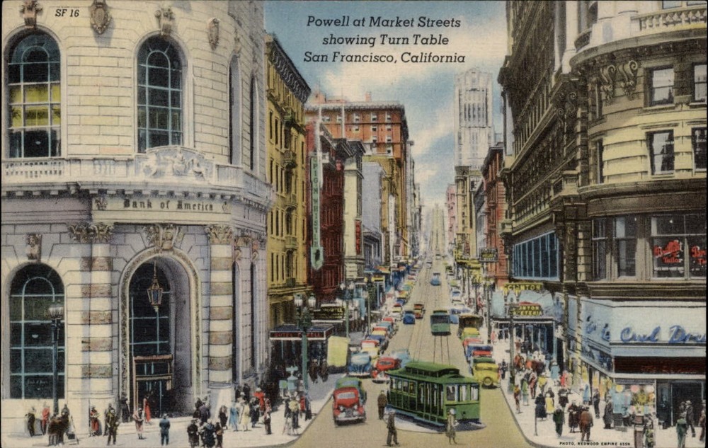 San Francisco California Powell at Market Streets cable car ~ linen postcard