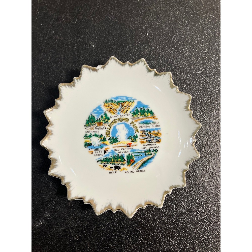 Vintage Yellowstone National Park Souvenir Plate Old Faithful Sawtooth Gold Rim