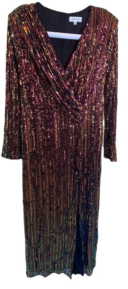 Plus Size V Neck Long Sleeve Sequin Slit Dress 2XL