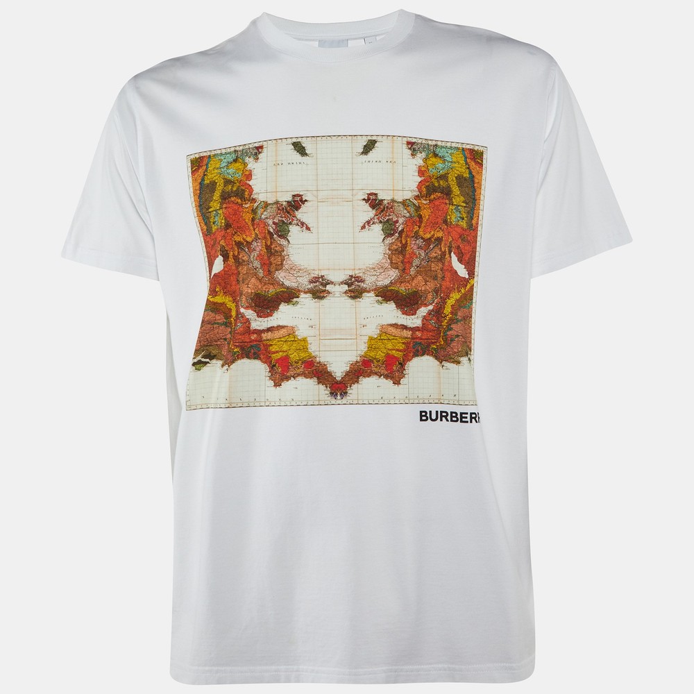 Burberry White Varvey Map Print Cotton Crew Neck T-Shirt Size XS