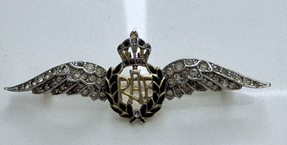 Vintage 1940S RAF Gold Tone Military Wings With Green Enamel And Rhinestones