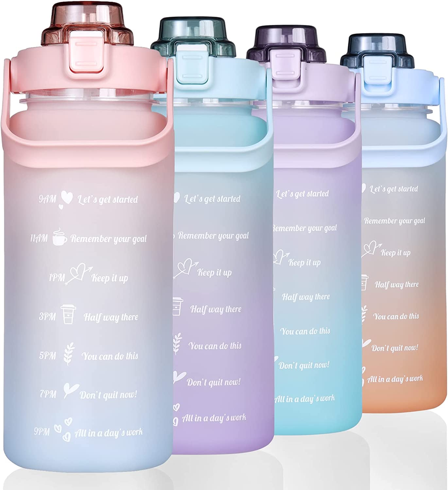 Large Motivational Water Bottle with Straw Time Marker BPA Free for Sport and Fi