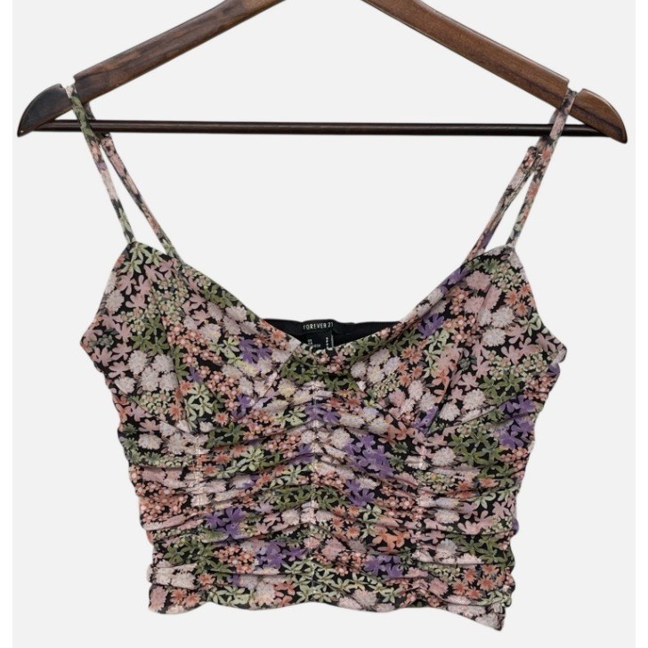 Forever 21 Floral Ruched Mesh Cami Crop Top Small Black Pink Purple Sweetheart