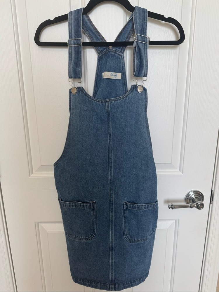 Lela Sky Women's Blue Denim Overall Dress with Front Pockets Medium
