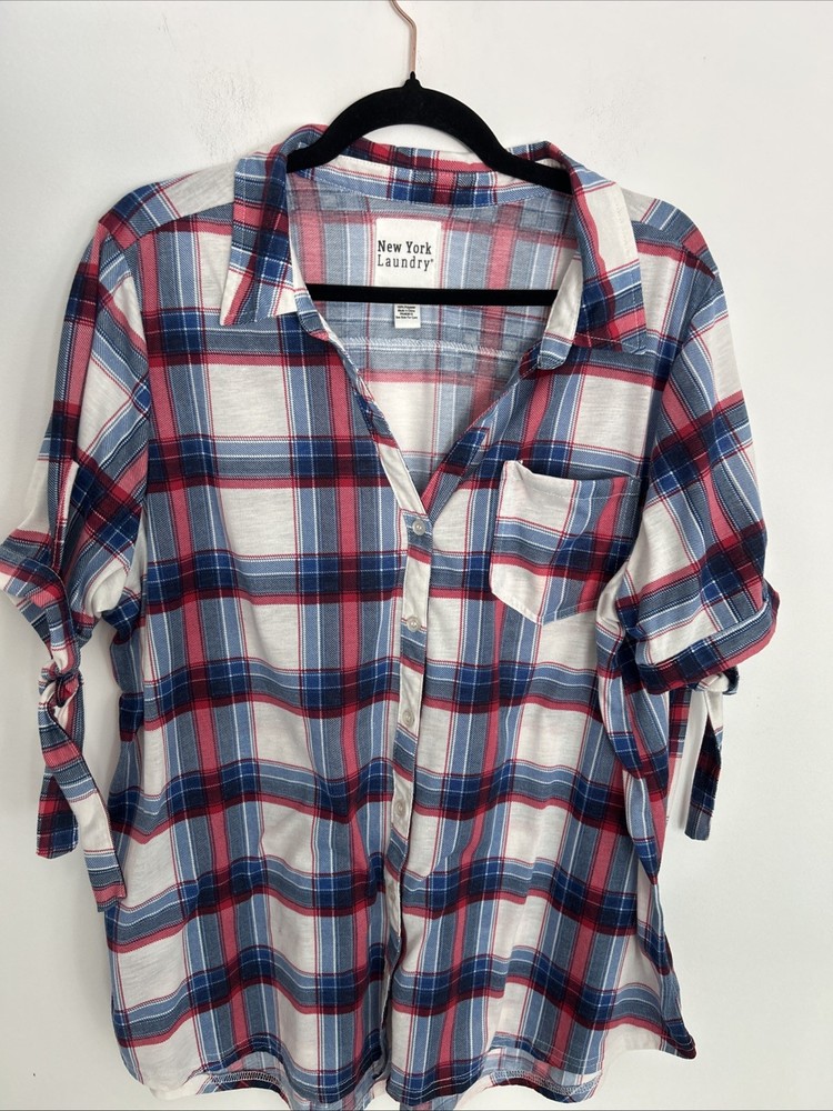 New York Laundry Women's 2X Plaid V-Neck Button-Down Short Sleeve Comfy Top