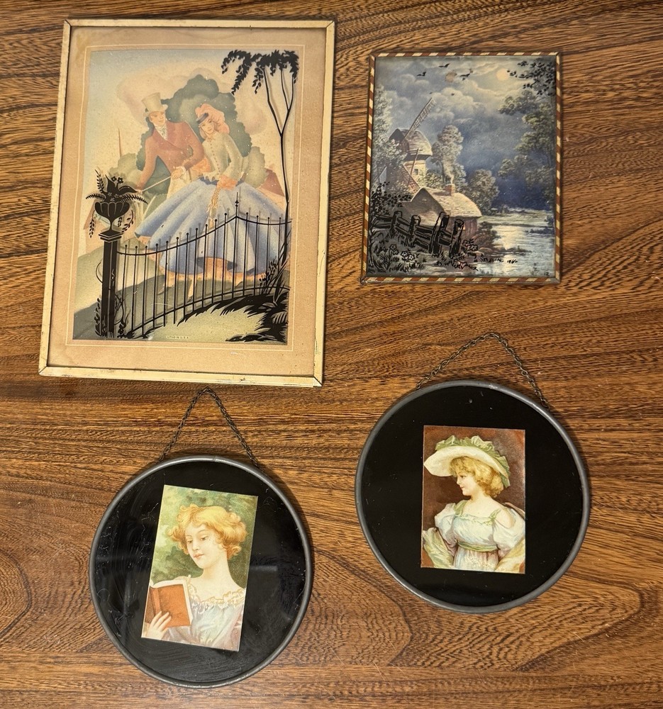 4 Vintage Pictures – 2 Convex Silhouette Bubble Glass & 2 Victorian Ladies