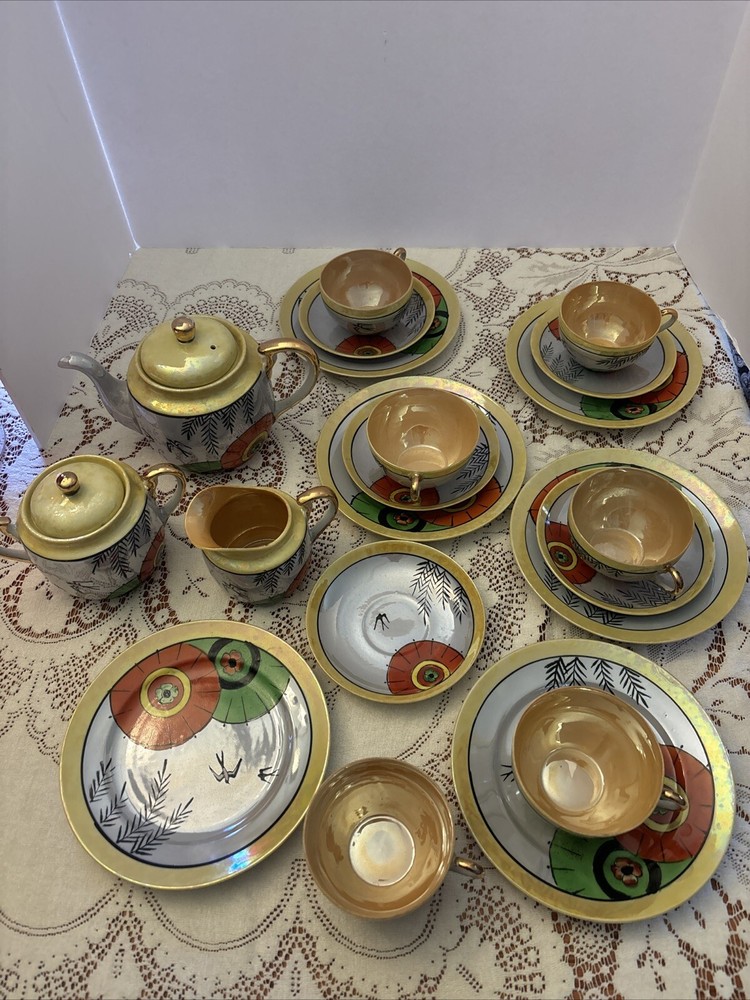 Made In Japan Peach LUSTERWARE 22 Piece Tea Pot Sugar Cream Plates Cups Saucers