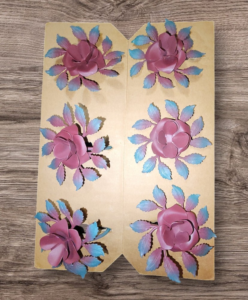 Painted Metal Burgundy Roses W/ Green Leaves Napkin Rings Table Decor Set Of 6!