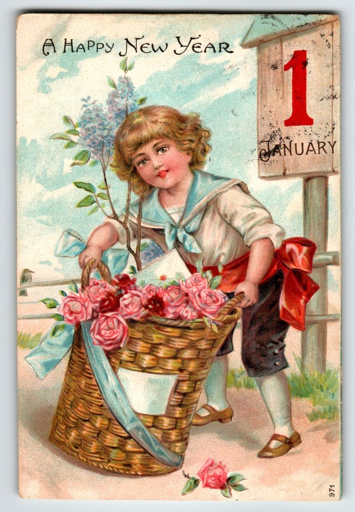 New Year Postcard Child Girl With Roses Basket January 1 Embossed 1906 Ser 971