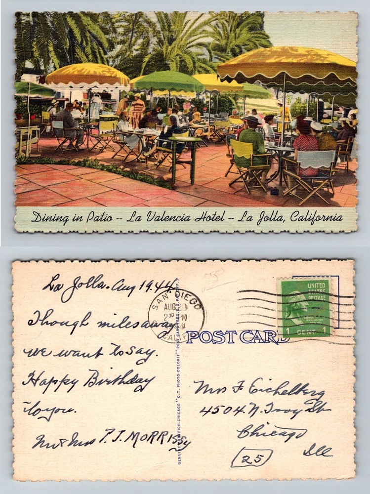 La Jolla, CA-California, La Valencia Hotel Patio Dining Vintage c1944 Postcard