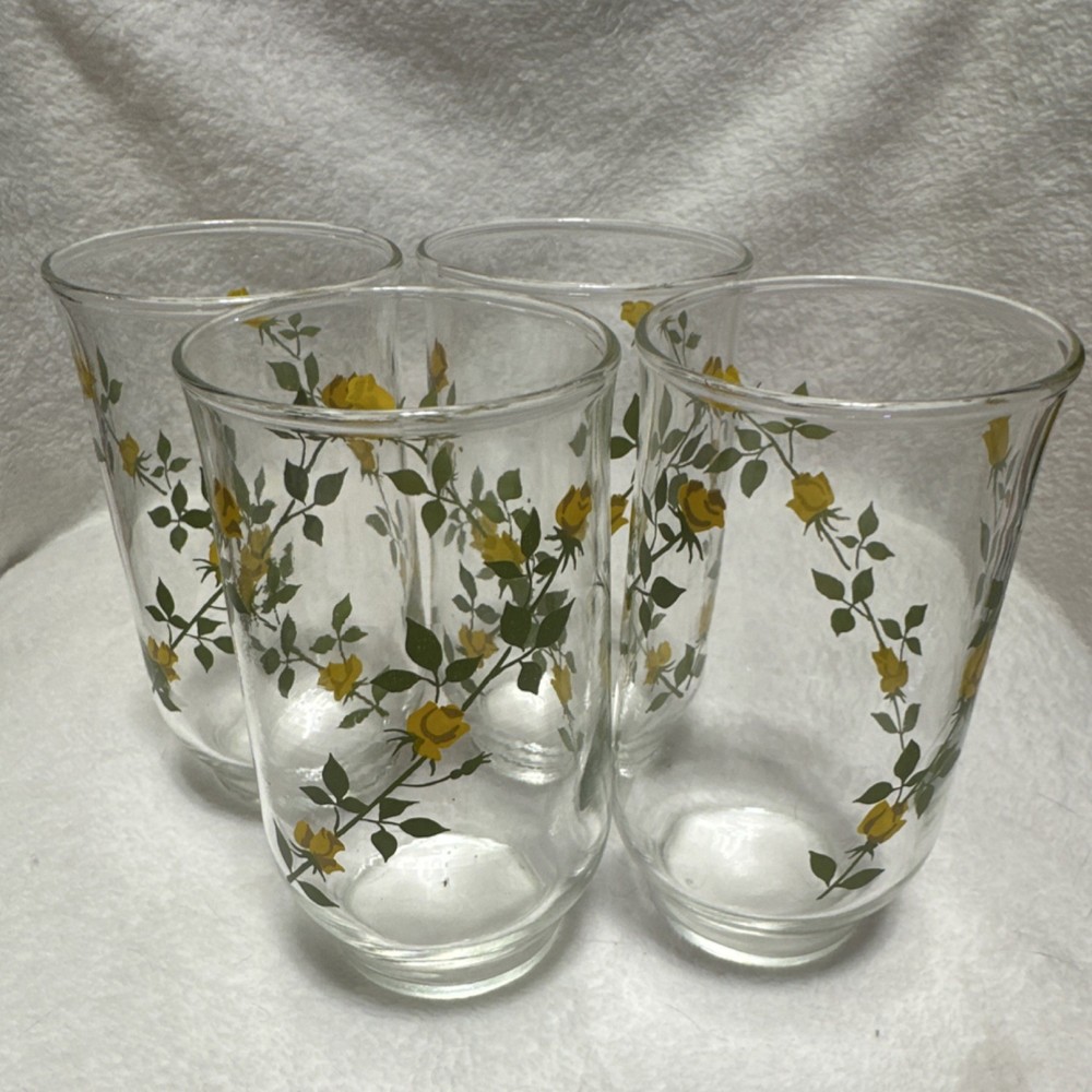 Set of 4 Clear Glass Drinking Glasses with Yellow Floral Pattern, Decorated