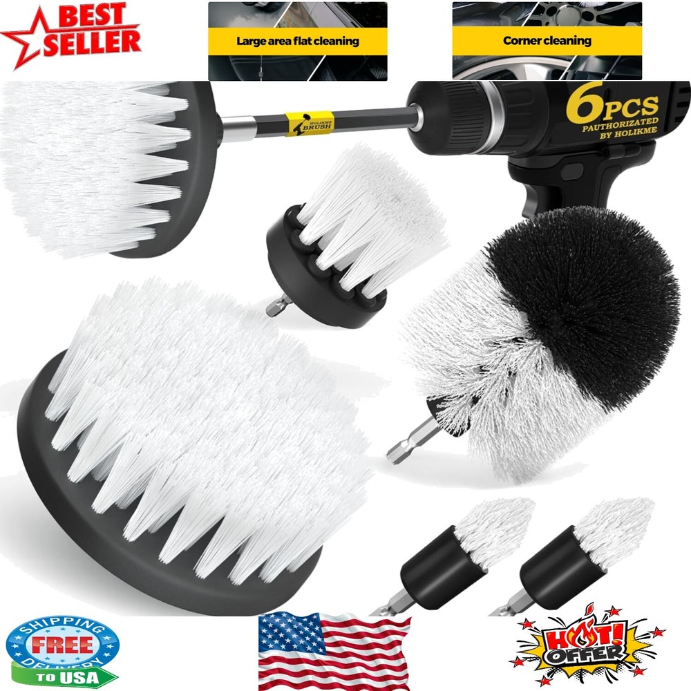 White 6-Pack Power Scrubber Kit with Soft Nylon Bristles for Home and Auto Cleaning