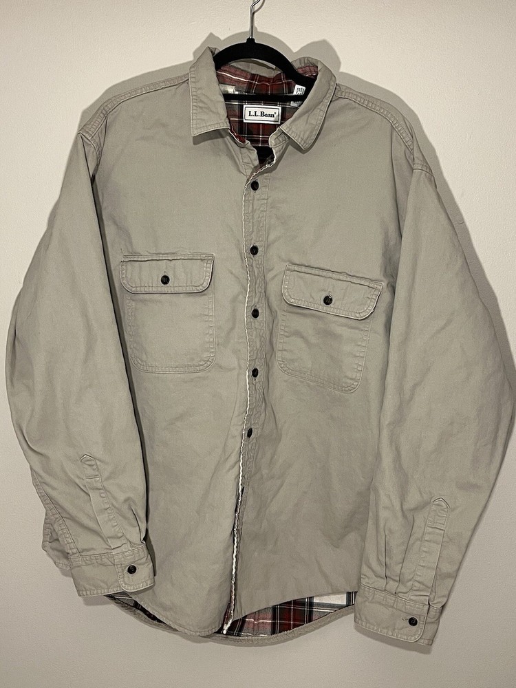 LL Bean Jacket Shacket Mens L Tan Flannel Line Hurricane Shirt Overshirt (J)