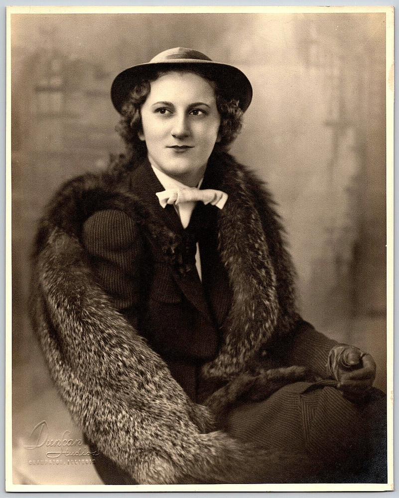 Antique Vintage 1930s Photo Classy Woman Hat Fur Coat & Bow Tie Studio Portrait