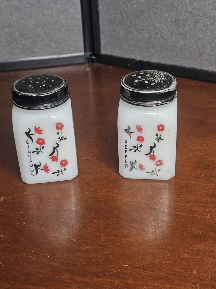 Vintage McKee Tipp City Milk Glass Pepper & Cinnamon Shakers With Black Caps