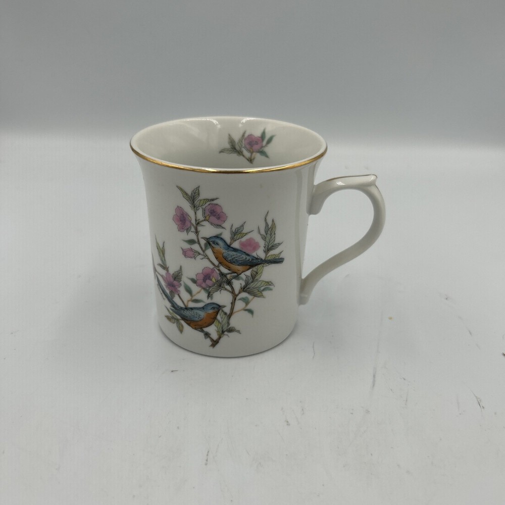 Vintage Porcelain Bird Floral Coffee Mug Gold Trim Tea Cup Cottagecore Decor