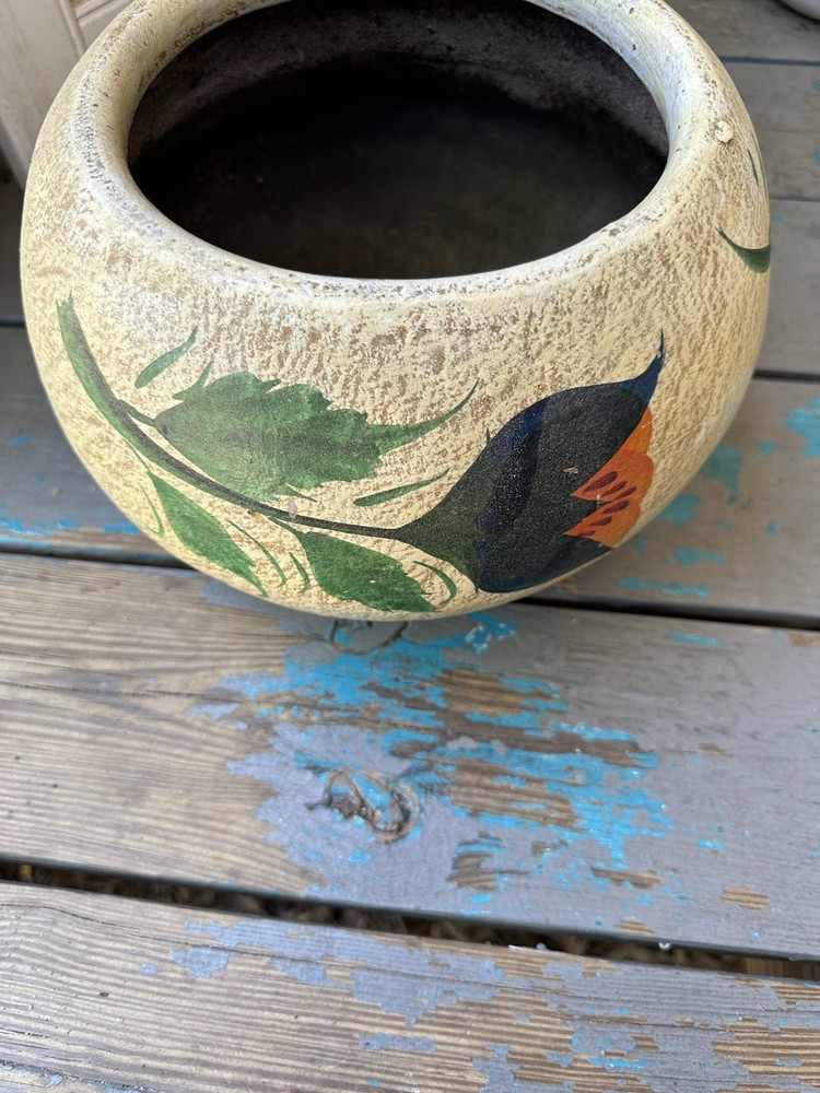 Vintage Mexican Hand Made Hand Painted  Pottery Planter w/ Drain Hole