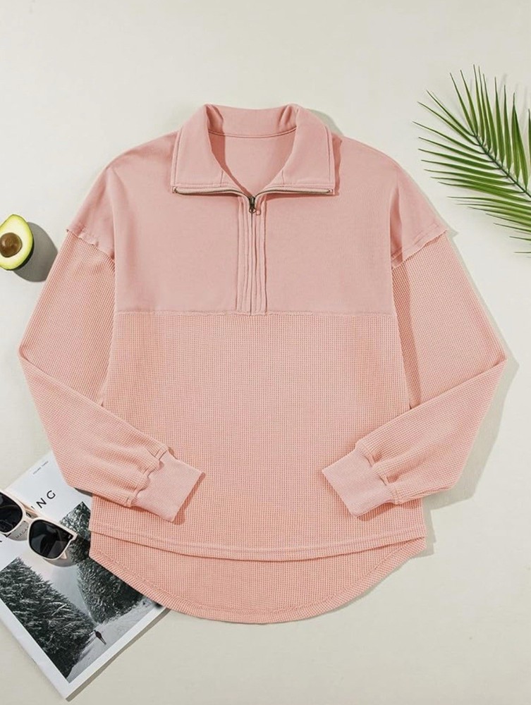 Shewin Women's Waffle Knit Pullover 3X Pink Half Zip Cozy Casual Lounge Plus