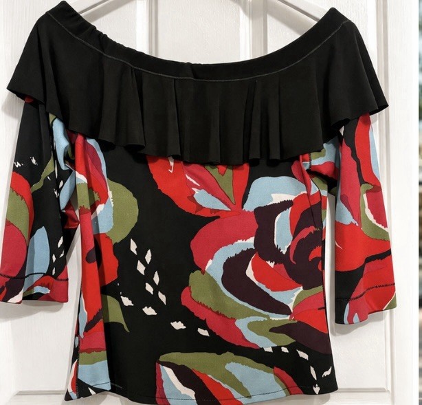 Eva Varro Off Shoulder Ruffle Top Abstract Floral Slinky Stretch Women’s Medium