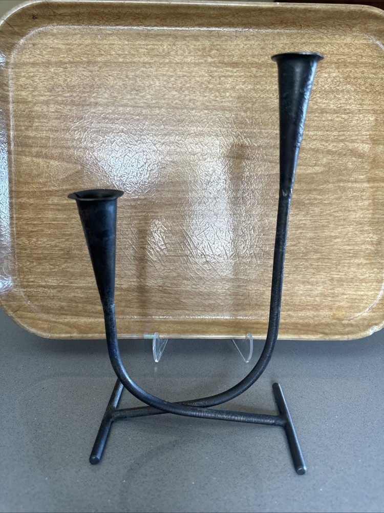 Vintage Brutalist Iron Candle Holder Sculptural Two Candles Taper