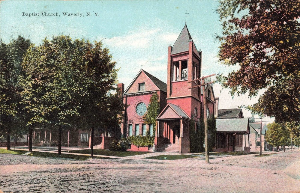 Baptist Church Waverly New York Street View 1910 Vintage Postcard