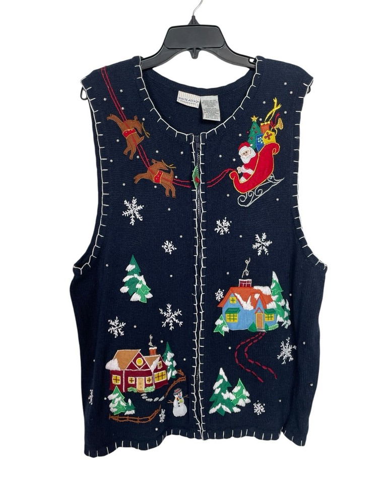 Vintage White Stag Christmas Sweater Vest Embroidered Beaded Felt Size 18-20