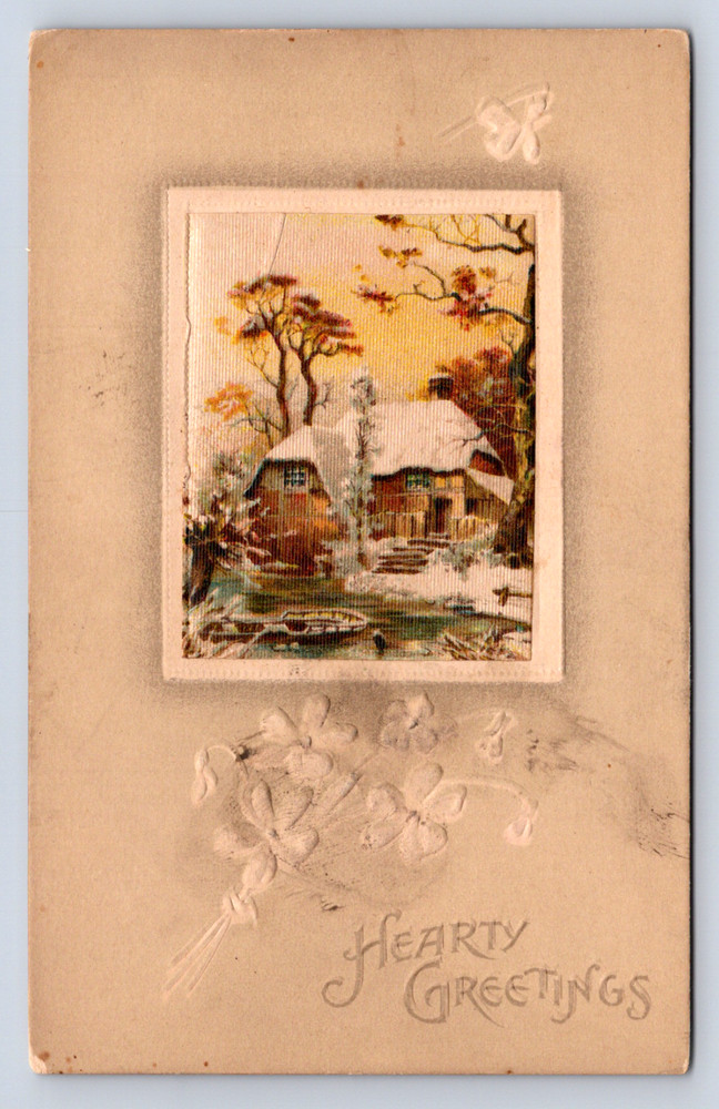 Vintage Postcard Hearty Greetings Winter Christmas Floral