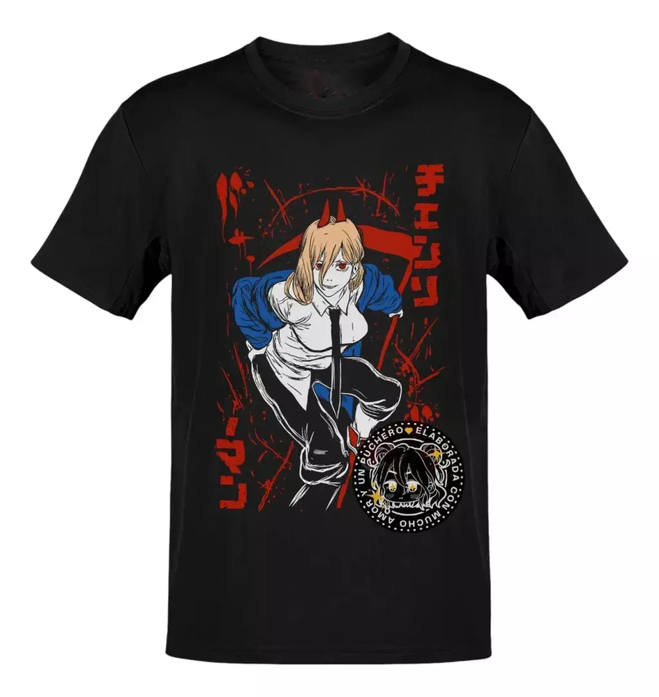 Anime Chainsaw Man Power Hoz Lineas Letras Rojas T-Shirt Size S-5XL
