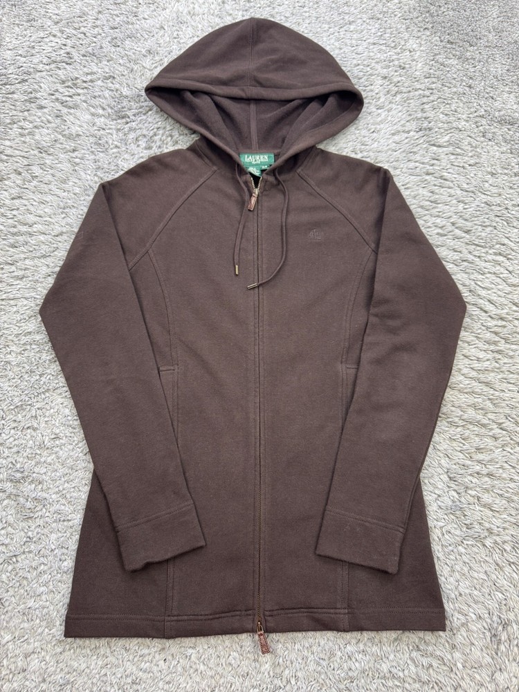 Ralph Lauren Hoodie Women Petite Chocolate Brown Fleece Full Zip Sweatshirt Vtg
