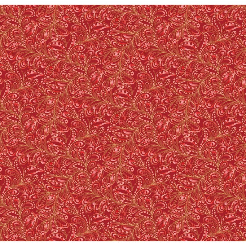 Christmas Fabric Catitude Pasiley Swirl Rouge Gold Accents Cotton Benartex Yard