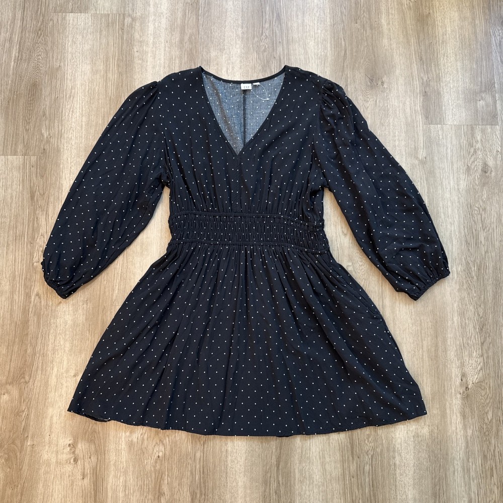 Gap Black Polka Dot Dress XL Smocked Waist Long Sleeve V-Neck Fit Flare NWOT