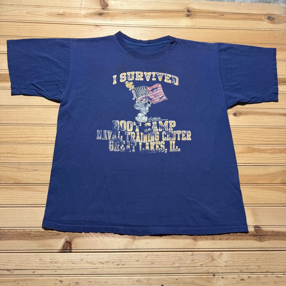 Vintage 80s Snoopy Peanuts Boot Camp Naval Training Great Lakes IL T-Shirt Large