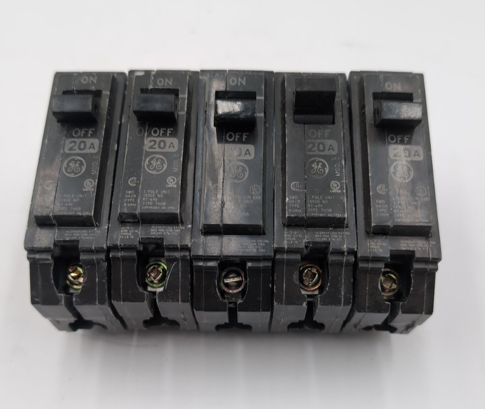 5 PC Lot GE THQB1120 Circuit Breaker 20A 1P 120/240V Bolt On THQB 20 Amp 1 Pole