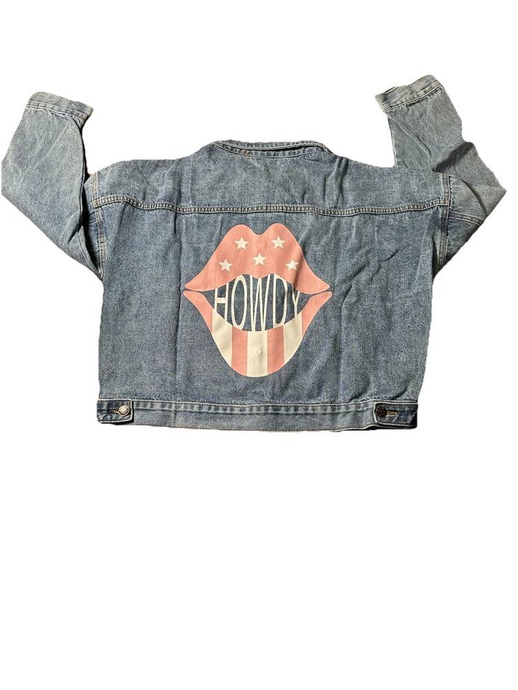 Howdy Embossed Lip Print Denim Jacket with Button Front  