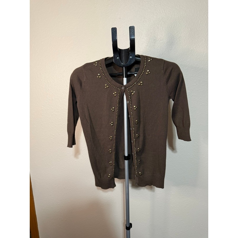 Merona Brown Studded Bead Embellished Button Front Cardigan Sweater Small