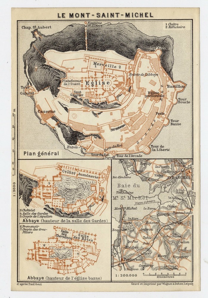 1909 Original Antique Map Of Le Mont-Saint-Michel / Normandy Normandie / France