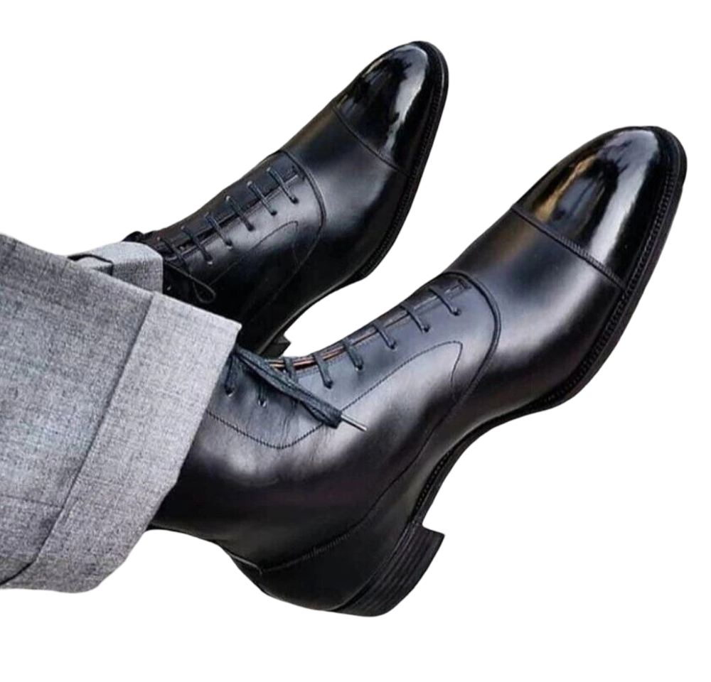 New Handmade Cap Toe Formal Black Genuine Leather Ankle Lace Dress Boots For Men