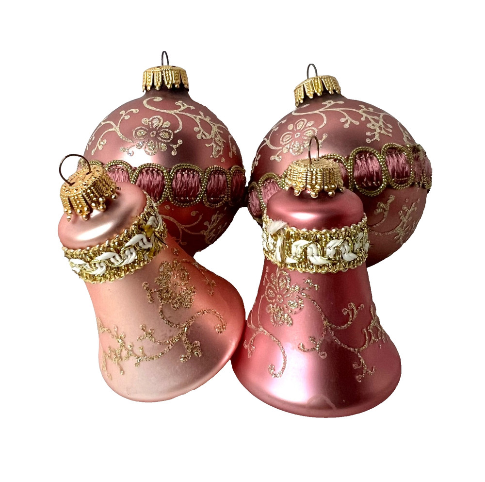 4 Krebs Pink Glitter Ribbon Bell Ball Glass Christmas Ornaments Vintage