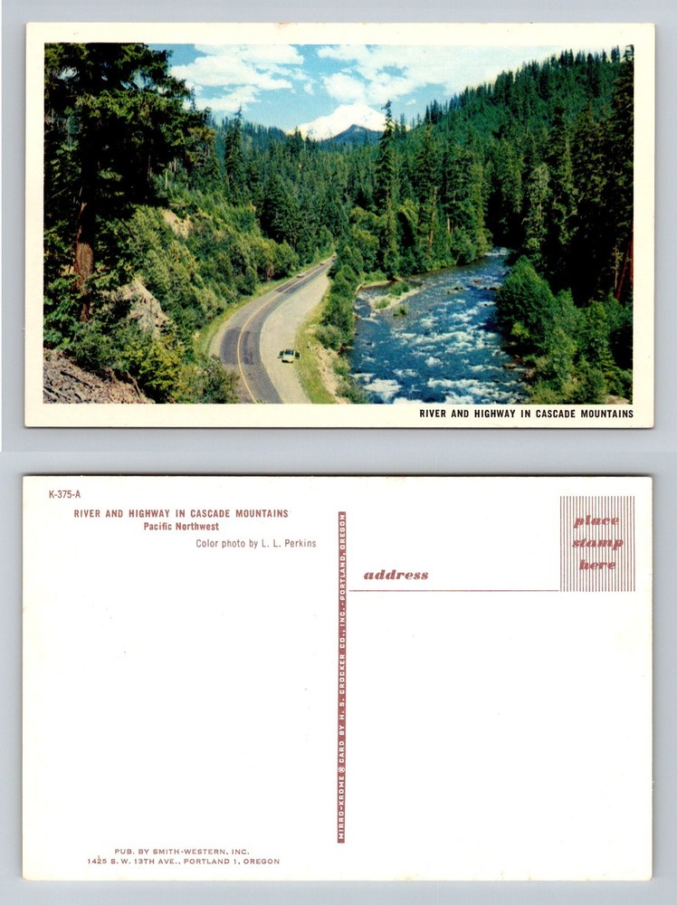Cascade Mountains, OR-Oregon, River and Highway Scenic View Vintage Postcard