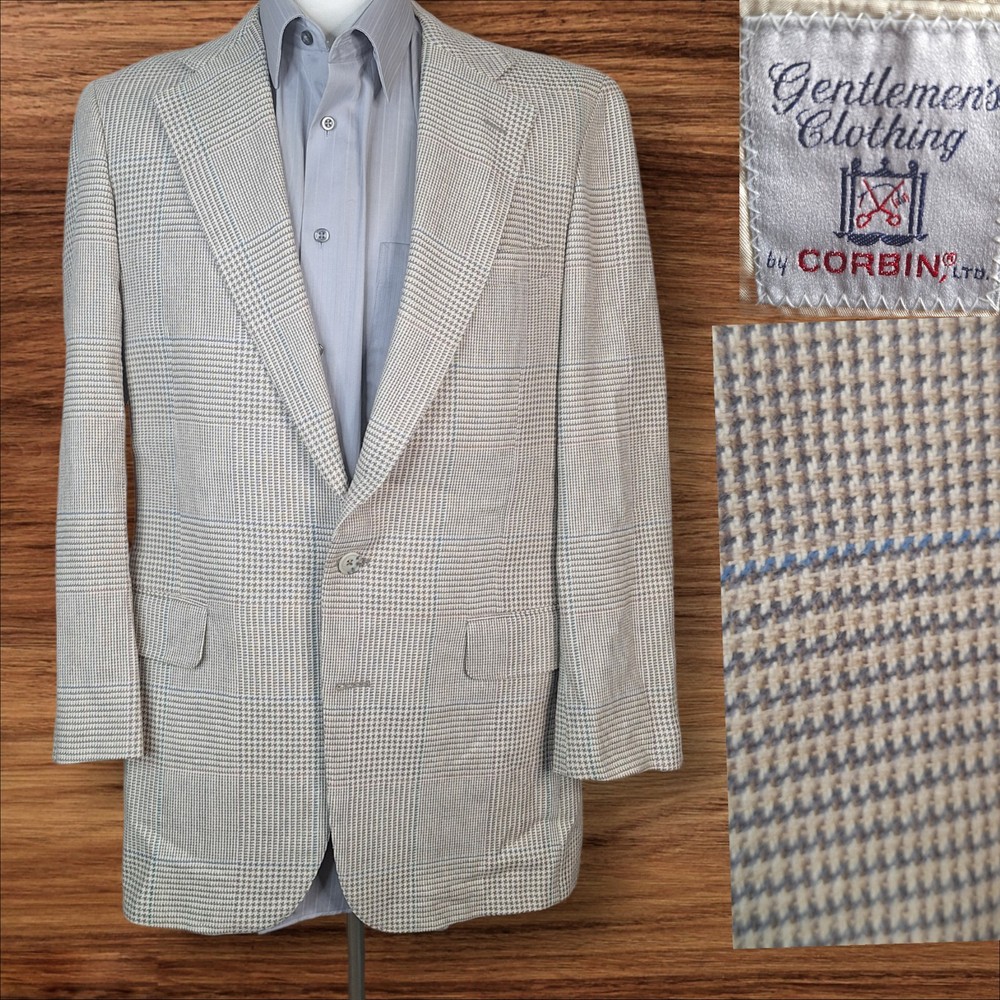 Corbin Sport Coat Blazer Mens 40R Beige Plaid Half Lined Vintage