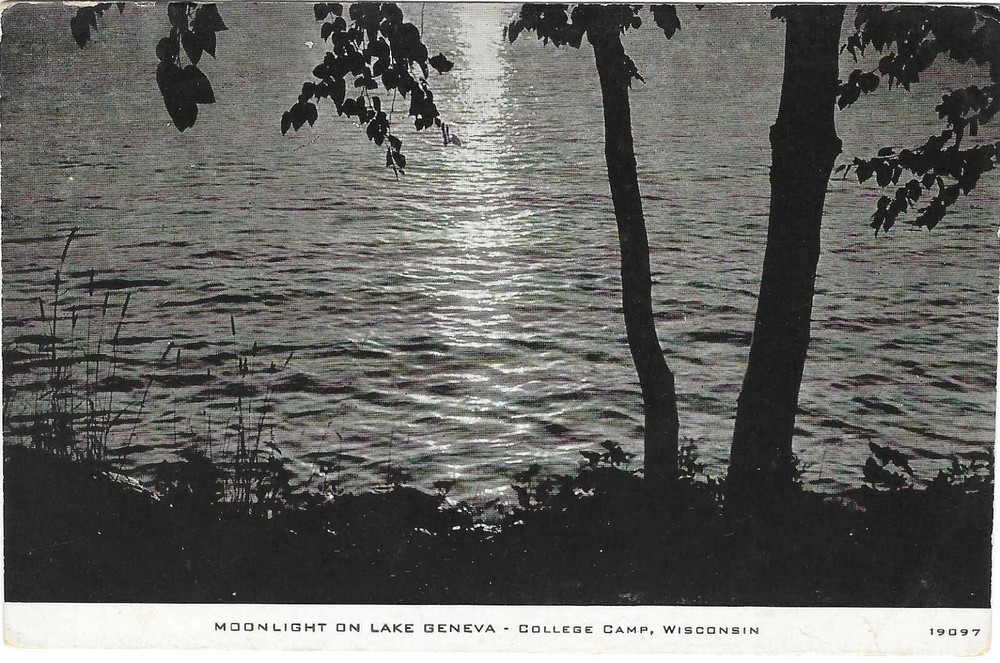 Vintage Wisconsin Chrome Postcard Moonlight Lake Geneva College Camp