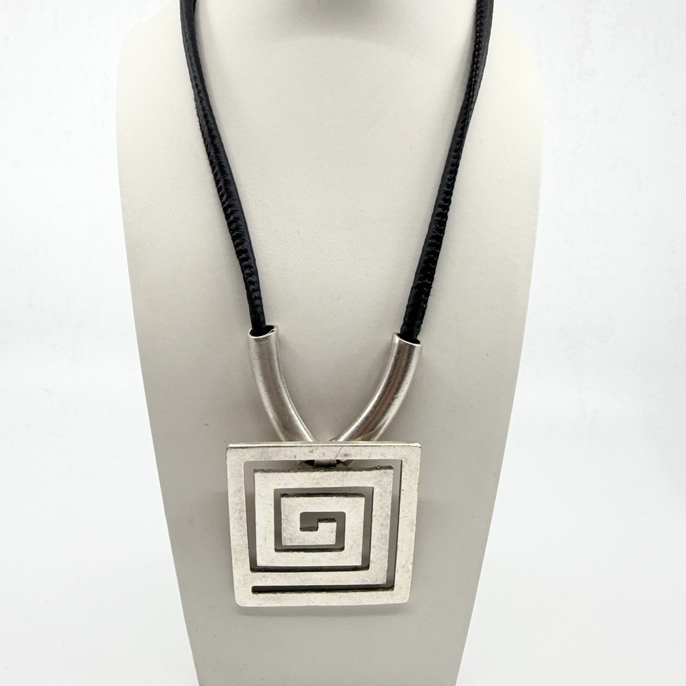 Vintage Silver Tone Greek Key Statement Pendant Black Leather Cord Necklace Y2K