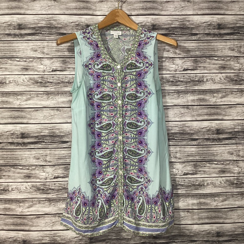J. Jill Shirt Womens Petite Medium Purple Green Paisley Floral Button Front Boho
